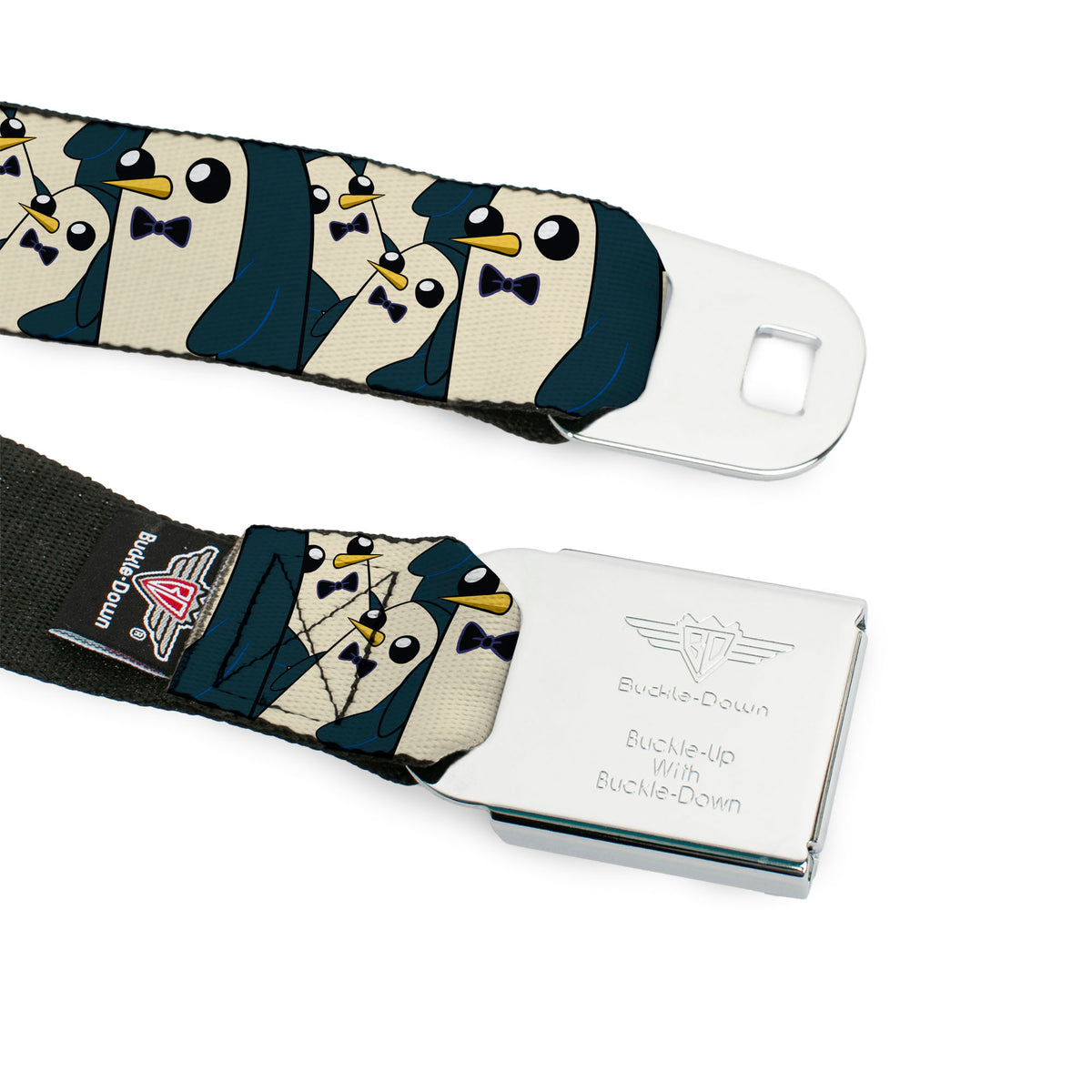 ADVENTURE TIME Sword Title Logo Full Color Black Seatbelt Belt - Gunter Standing Pose Stacked Webbing Seatbelt Belts Adventure Time