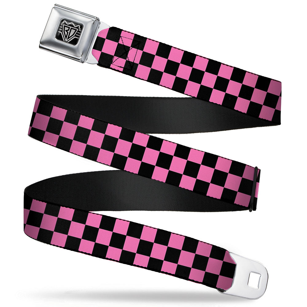 BD Wings Logo CLOSE-UP Full Color Black Silver Seatbelt Belt - Checker Black/Pink Webbing Seatbelt Belts Buckle-Down
