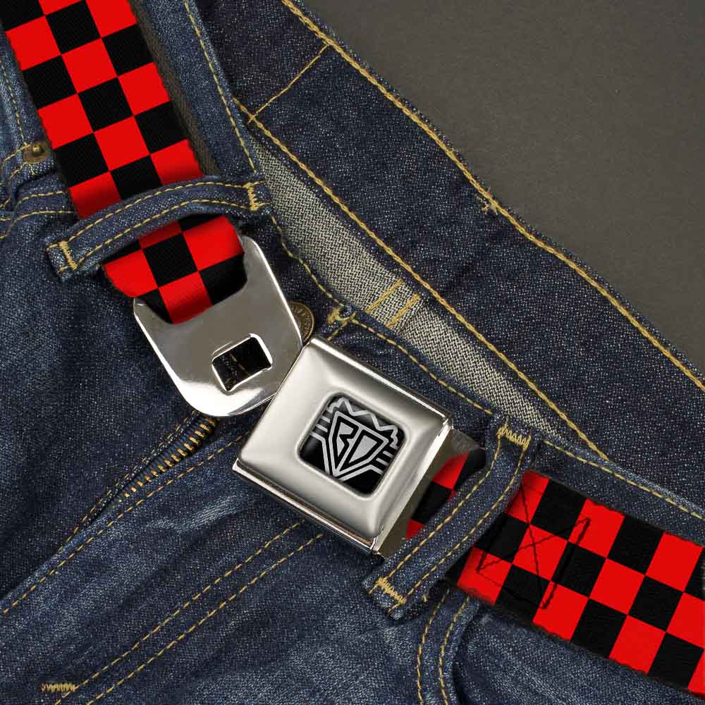 BD Wings Logo CLOSE-UP Full Color Black Silver Seatbelt Belt - Checker Black/Red Webbing Seatbelt Belts Buckle-Down