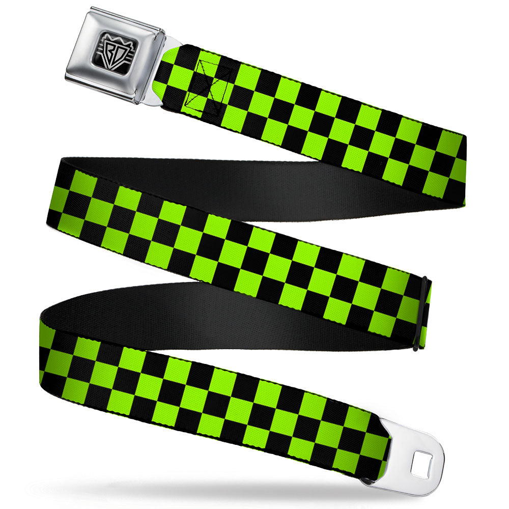 BD Wings Logo CLOSE-UP Full Color Black Silver Seatbelt Belt - Checker Black/Neon Green Webbing Seatbelt Belts Buckle-Down