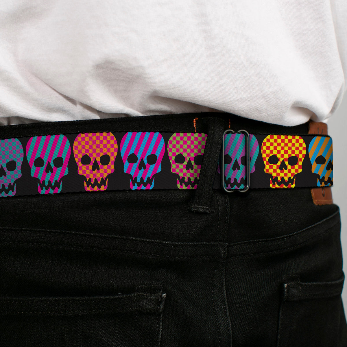 BD Wings Logo CLOSE-UP Full Color Black Silver Seatbelt Belt - Checker & Stripe Skulls Black/Multi Neon Webbing Seatbelt Belts Buckle-Down
