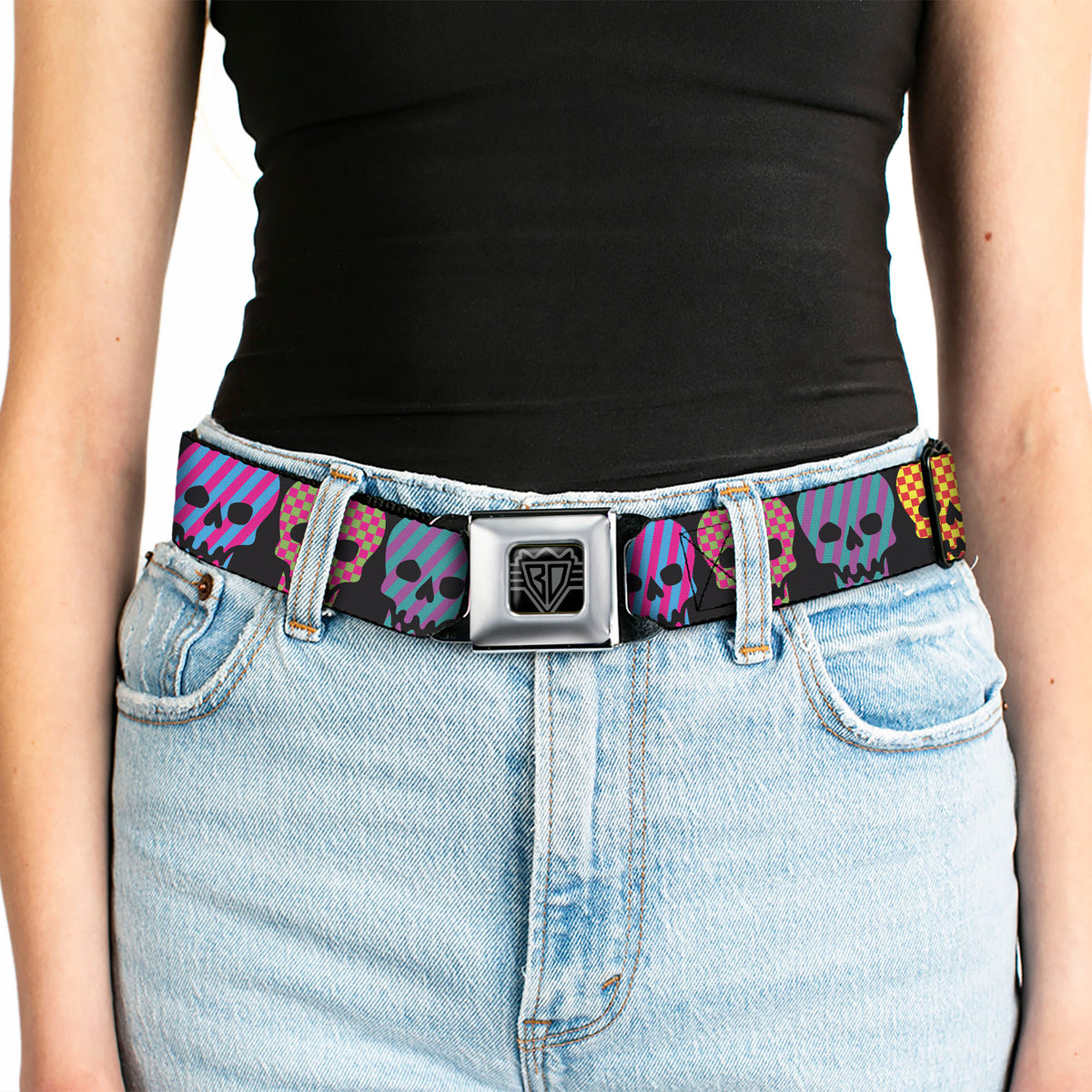BD Wings Logo CLOSE-UP Full Color Black Silver Seatbelt Belt - Checker & Stripe Skulls Black/Multi Neon Webbing Seatbelt Belts Buckle-Down