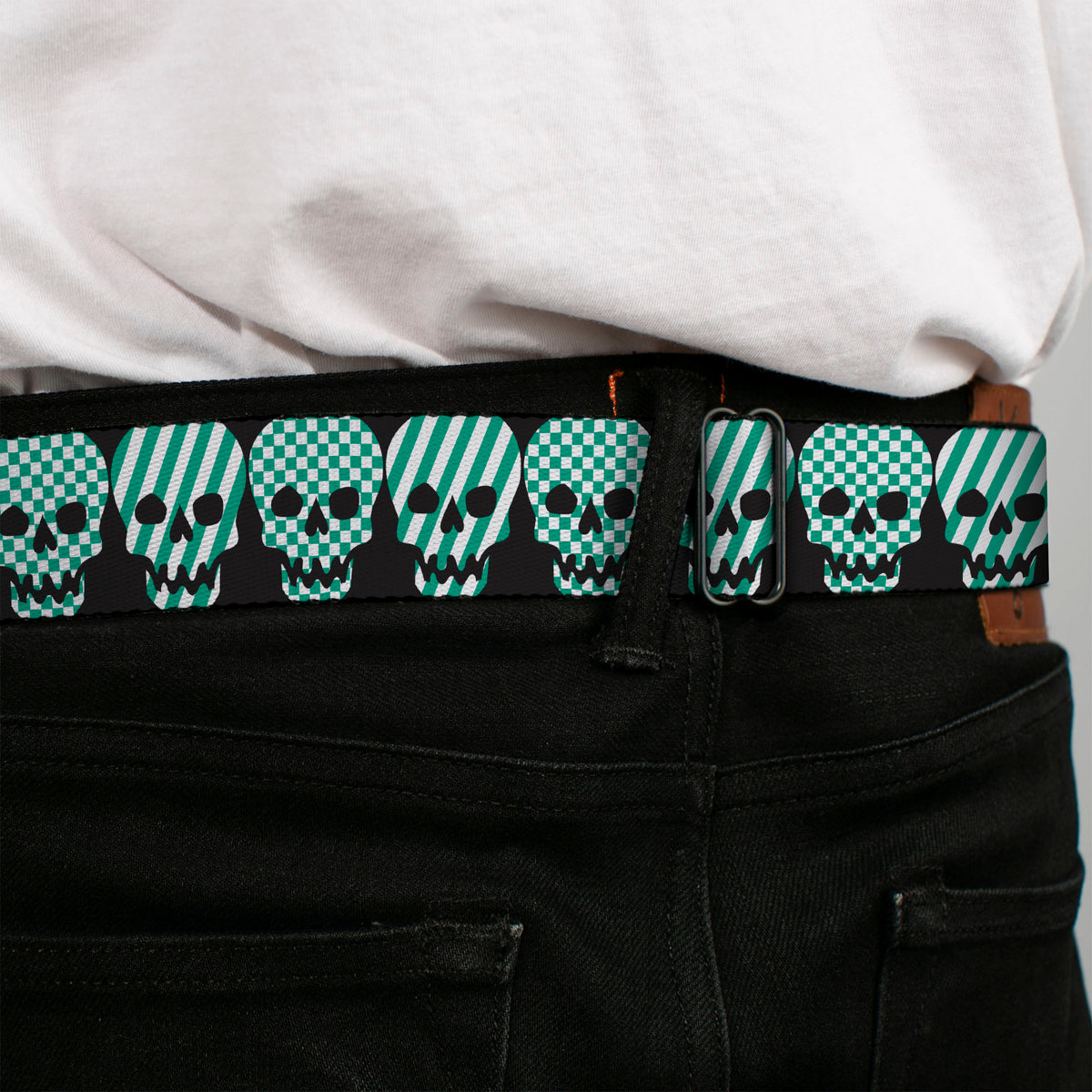 BD Wings Logo CLOSE-UP Full Color Black Silver Seatbelt Belt - Checker & Stripe Skulls Black/White/Green Webbing Seatbelt Belts Buckle-Down