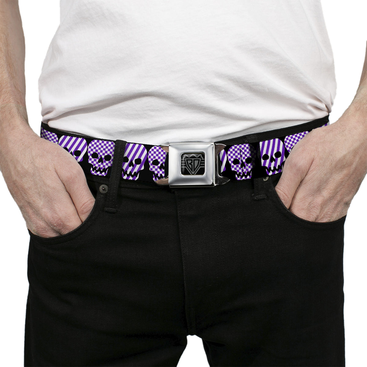 BD Wings Logo CLOSE-UP Full Color Black Silver Seatbelt Belt - Checker & Stripe Skulls Black/White/Purple Webbing Seatbelt Belts Buckle-Down