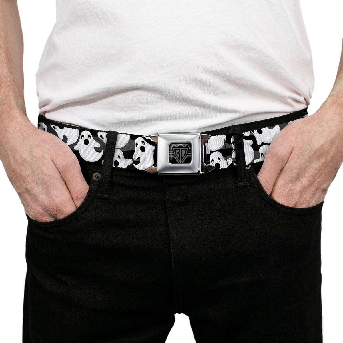 BD Wings Logo CLOSE-UP Full Color Black Silver Seatbelt Belt - Ghosts Scattered Black/White Webbing Seatbelt Belts Buckle-Down