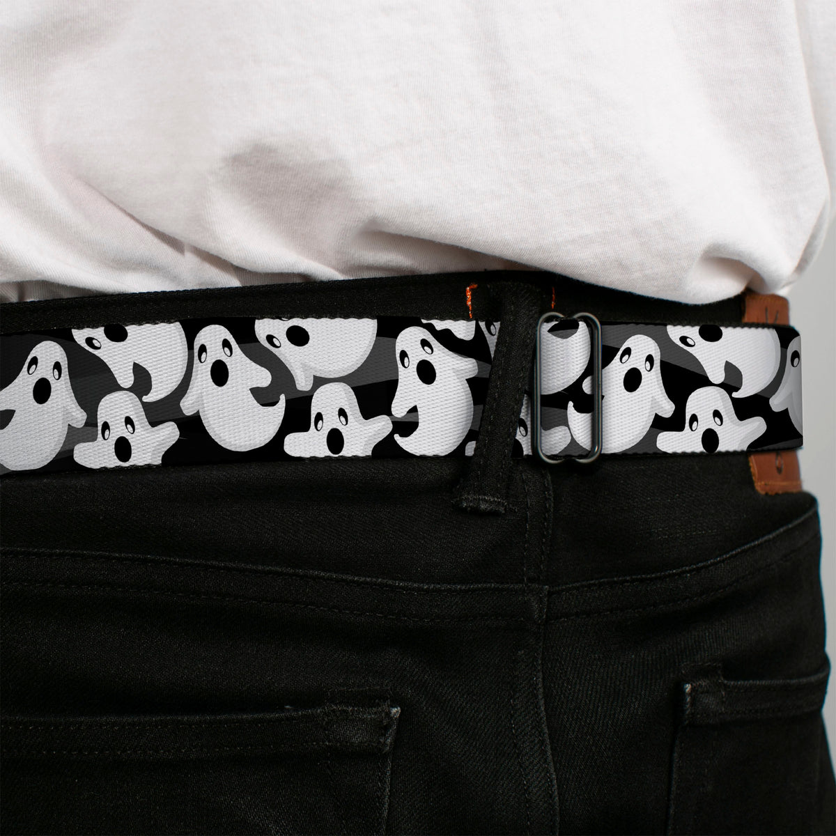 BD Wings Logo CLOSE-UP Full Color Black Silver Seatbelt Belt - Ghosts Scattered Black/White Webbing Seatbelt Belts Buckle-Down