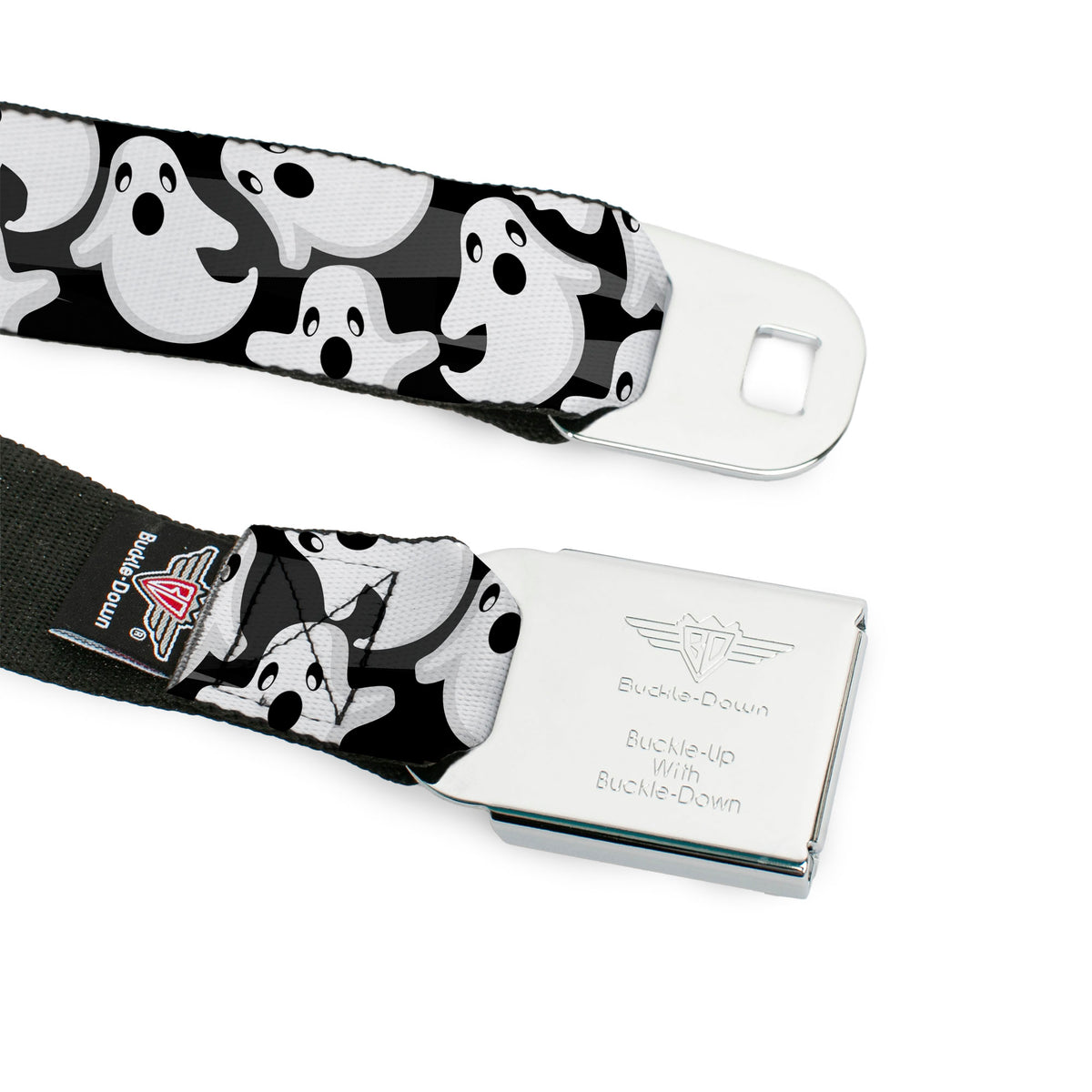 BD Wings Logo CLOSE-UP Full Color Black Silver Seatbelt Belt - Ghosts Scattered Black/White Webbing Seatbelt Belts Buckle-Down