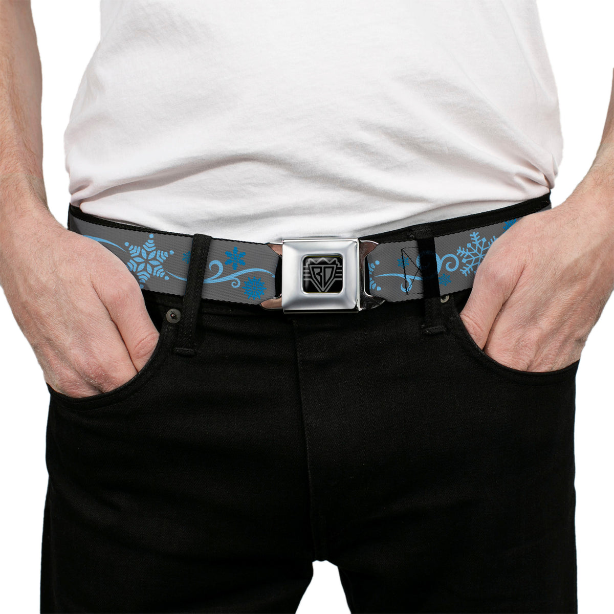 BD Wings Logo CLOSE-UP Full Color Black Silver Seatbelt Belt - Holiday Snowflakes Gray/Blue Webbing Seatbelt Belts Buckle-Down