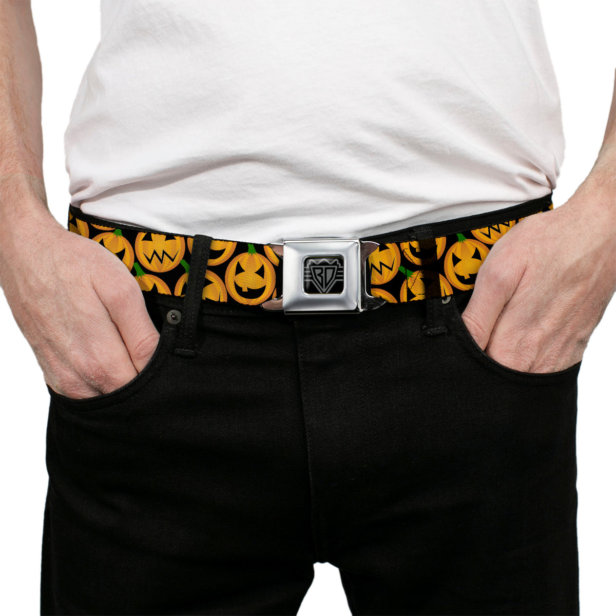 BD Wings Logo CLOSE-UP Full Color Black Silver Seatbelt Belt - Jack-o'-Lantern Collage Black Webbing Seatbelt Belts Buckle-Down