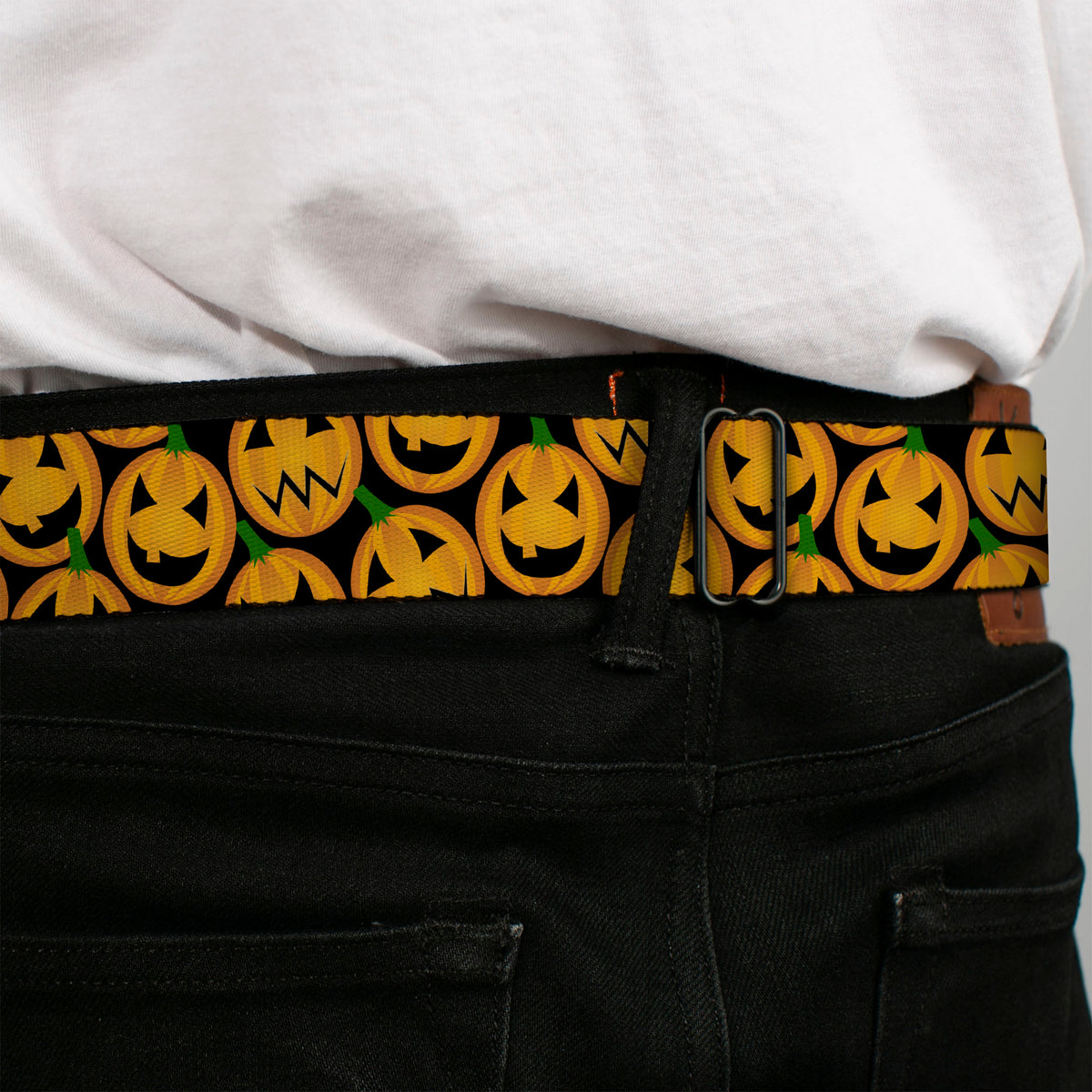 BD Wings Logo CLOSE-UP Full Color Black Silver Seatbelt Belt - Jack-o'-Lantern Collage Black Webbing Seatbelt Belts Buckle-Down