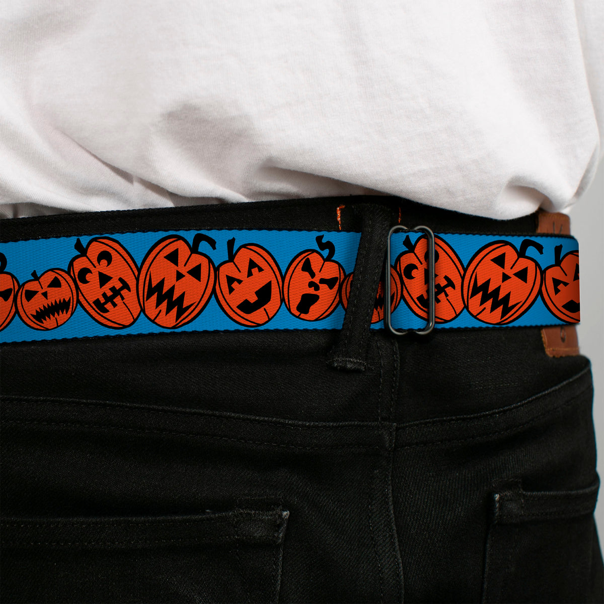 BD Wings Logo CLOSE-UP Full Color Black Silver Seatbelt Belt - Jack-o'-Lanterns Blue Webbing Seatbelt Belts Buckle-Down