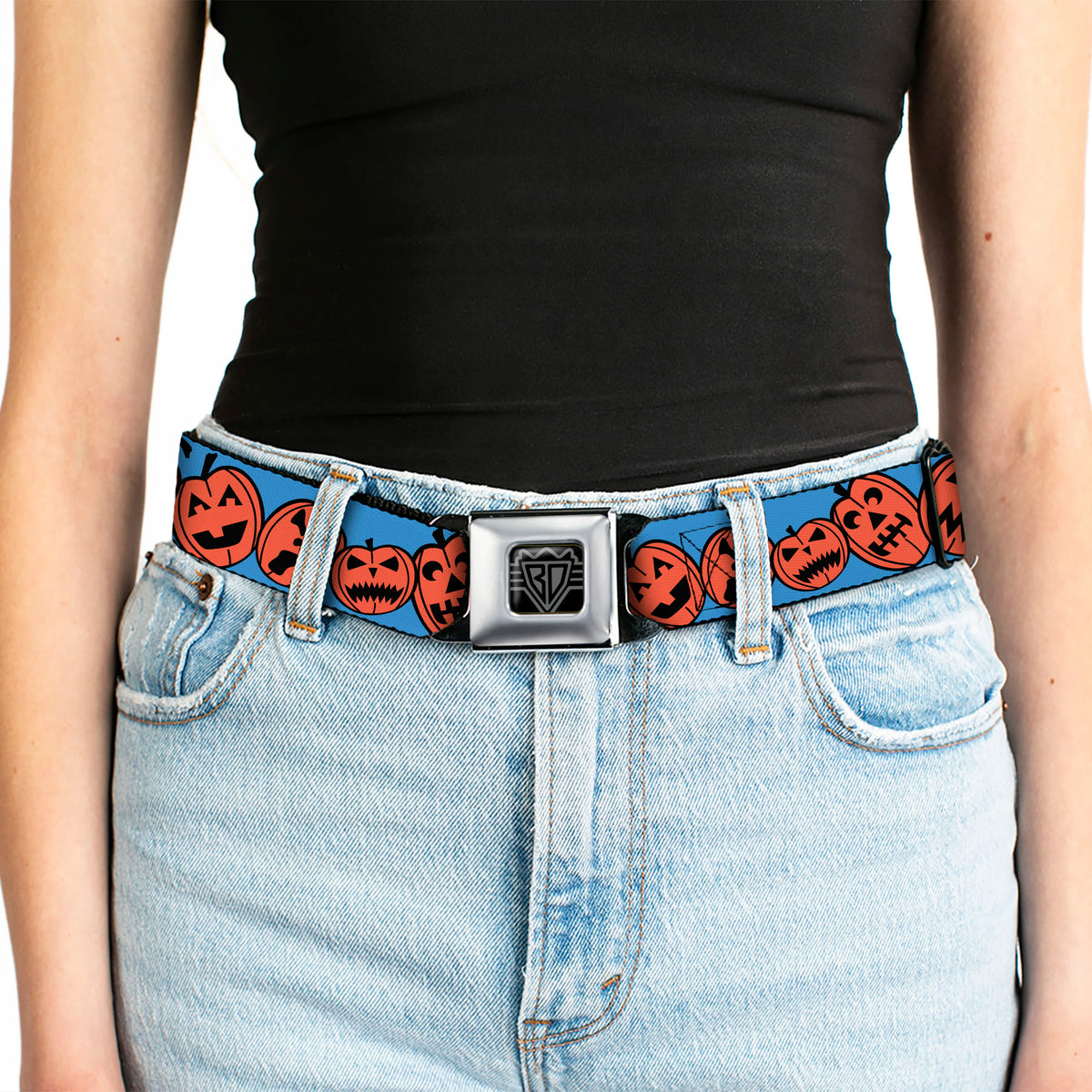 BD Wings Logo CLOSE-UP Full Color Black Silver Seatbelt Belt - Jack-o'-Lanterns Blue Webbing Seatbelt Belts Buckle-Down