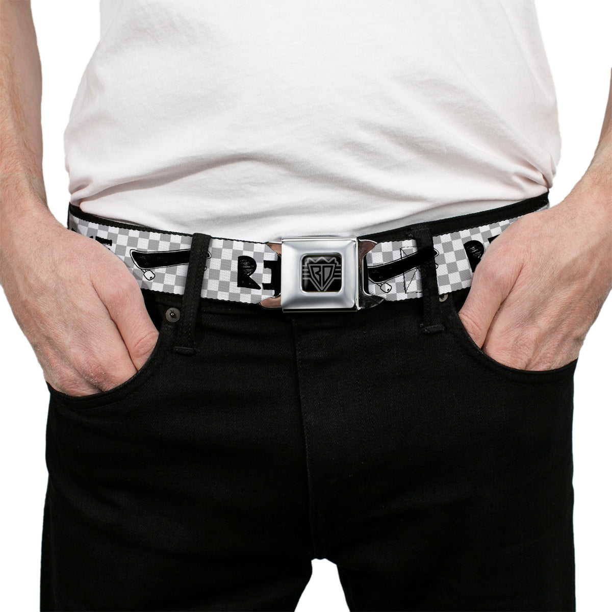 BD Wings Logo CLOSE-UP Full Color Black Silver Seatbelt Belt - RIDE ME Skateboard w/Mini Checker White/Gray/Black Webbing Seatbelt Belts Buckle-Down