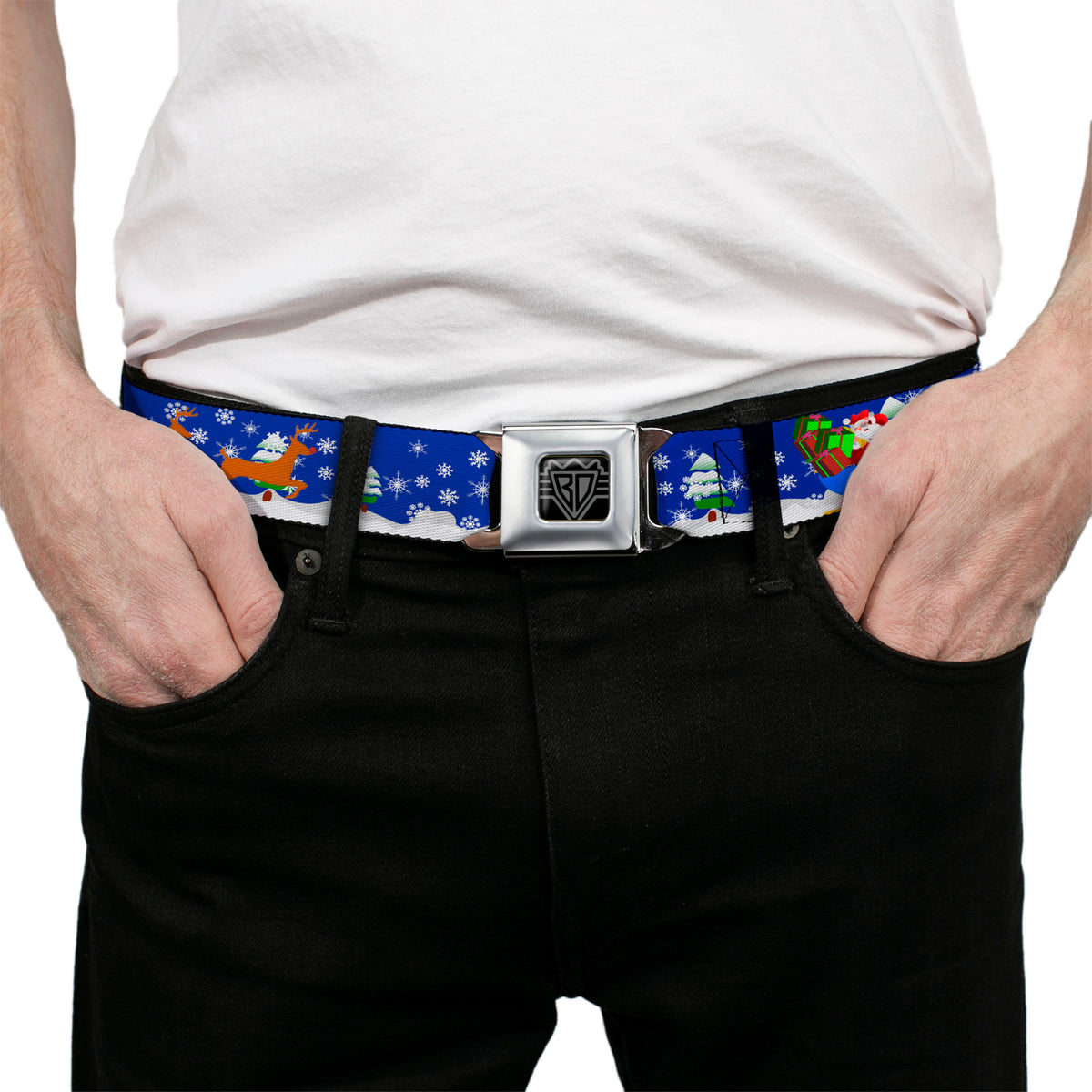 BD Wings Logo CLOSE-UP Full Color Black Silver Seatbelt Belt - Santa & Reindeers Webbing Seatbelt Belts Buckle-Down