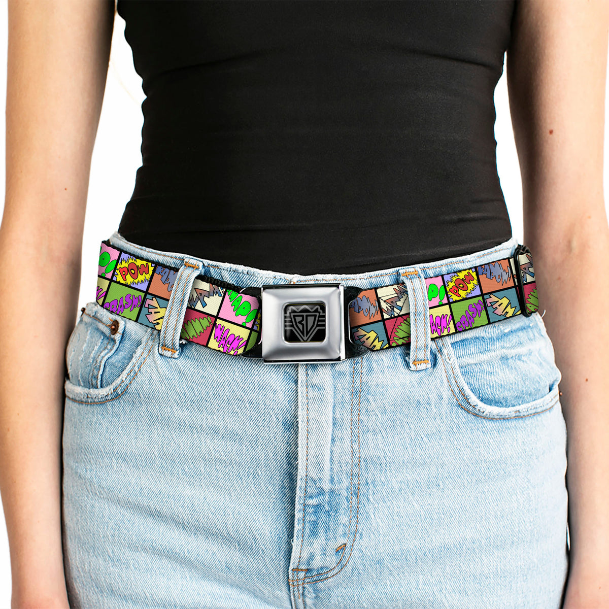 BD Wings Logo CLOSE-UP Full Color Black Silver Seatbelt Belt - Sound Effect Checkers Multi Color Webbing Seatbelt Belts Buckle-Down
