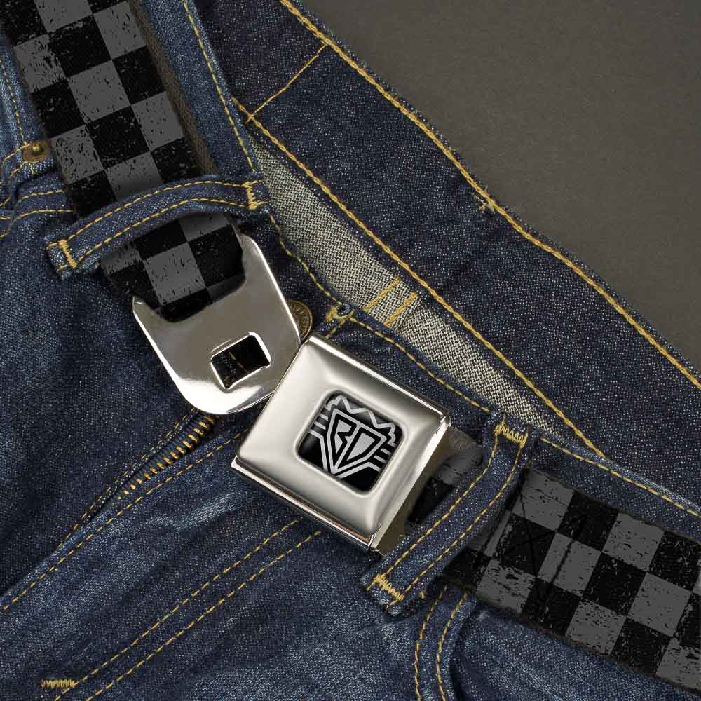 BD Wings Logo CLOSE-UP Full Color Black Silver Seatbelt Belt - Checker Weathered2 Black/Gray Webbing Seatbelt Belts Buckle-Down