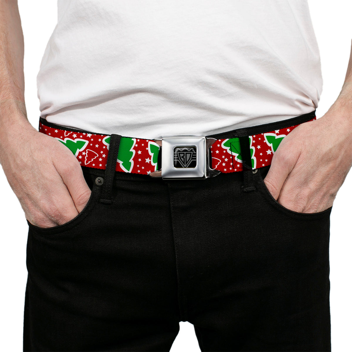 BD Wings Logo CLOSE-UP Full Color Black Silver Seatbelt Belt - Christmas Trees/Stars Red/White/Green Webbing Seatbelt Belts Buckle-Down
