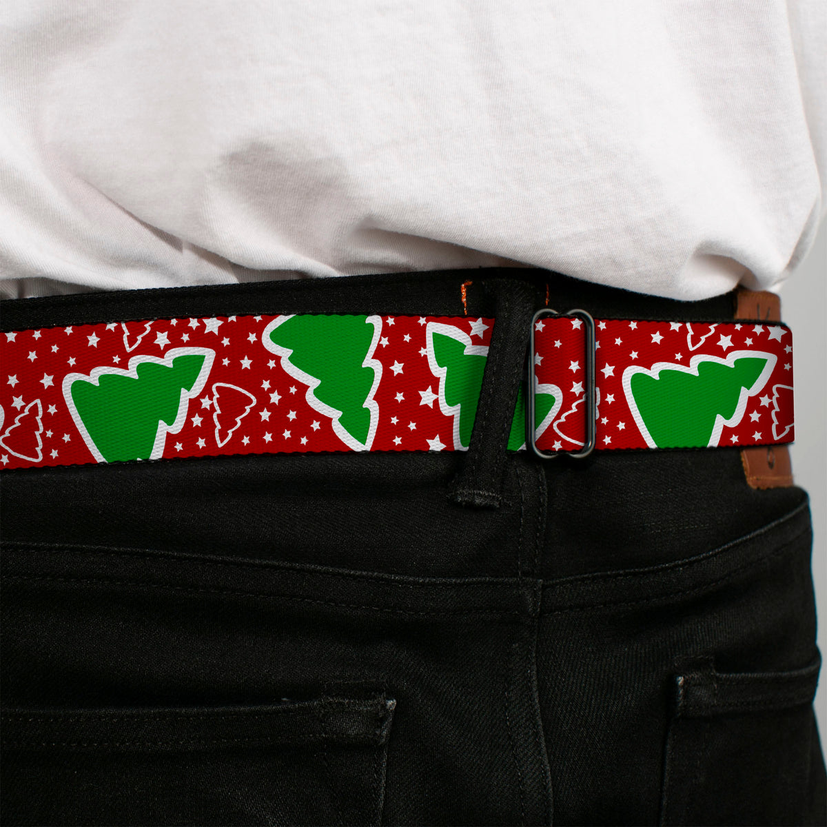 BD Wings Logo CLOSE-UP Full Color Black Silver Seatbelt Belt - Christmas Trees/Stars Red/White/Green Webbing Seatbelt Belts Buckle-Down