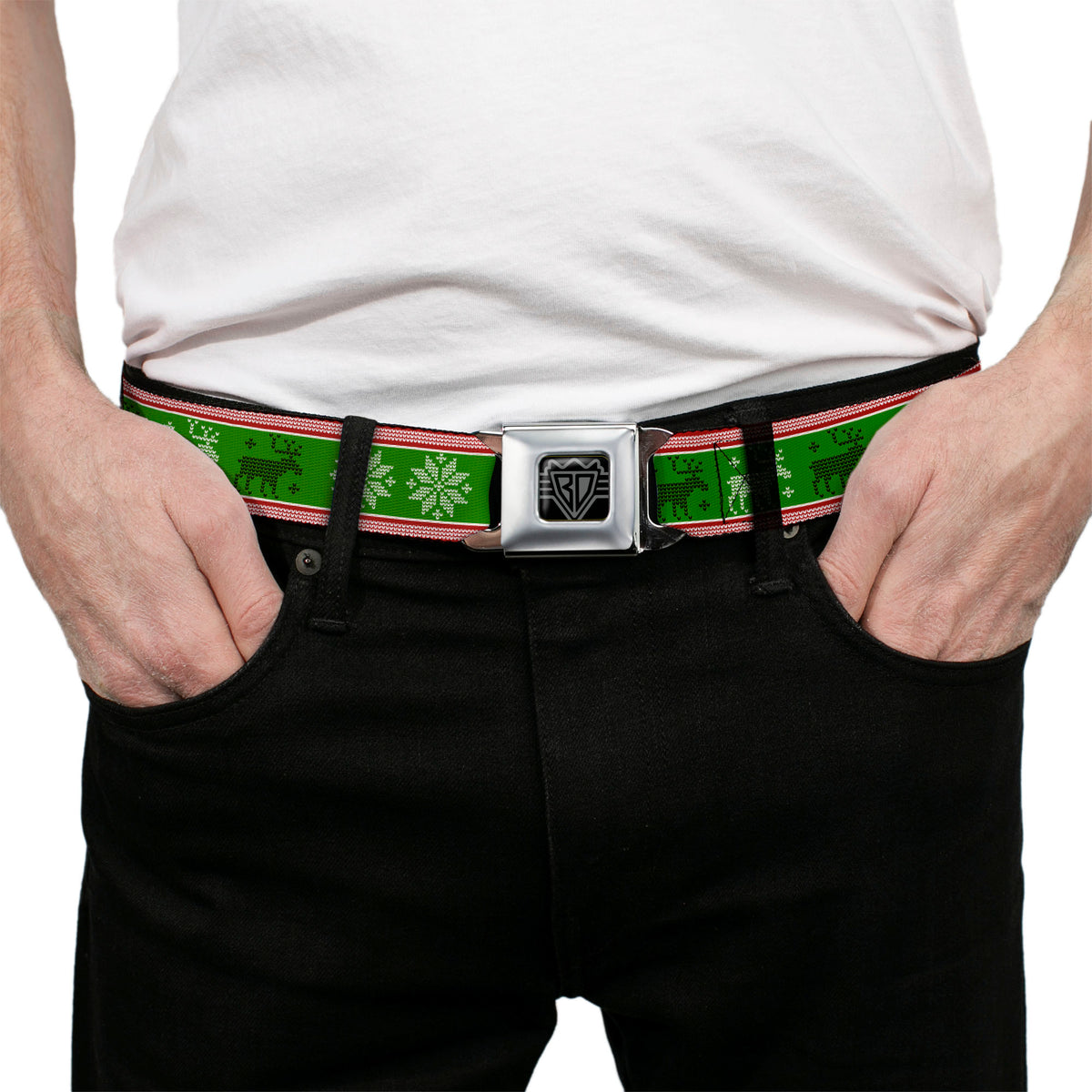 BD Wings Logo CLOSE-UP Full Color Black Silver Seatbelt Belt - Christmas Stitch Moose/Snowflakes Red/Green Webbing Seatbelt Belts Buckle-Down