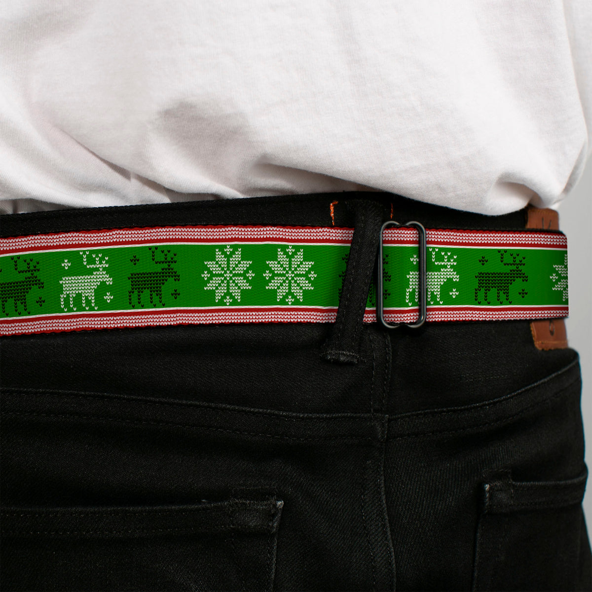 BD Wings Logo CLOSE-UP Full Color Black Silver Seatbelt Belt - Christmas Stitch Moose/Snowflakes Red/Green Webbing Seatbelt Belts Buckle-Down