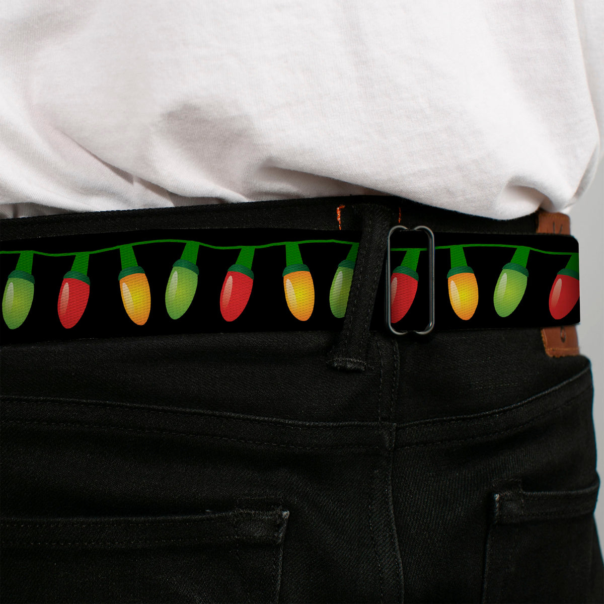 BD Wings Logo CLOSE-UP Full Color Black Silver Seatbelt Belt - Christmas Lights Black/Multi Color Webbing Seatbelt Belts Buckle-Down