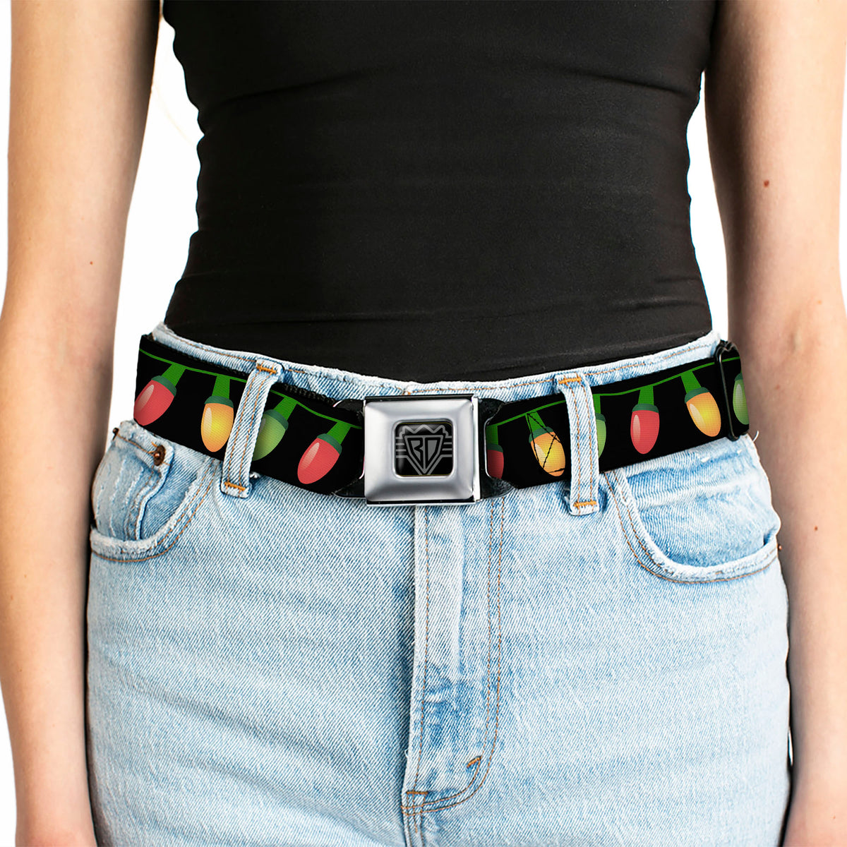 BD Wings Logo CLOSE-UP Full Color Black Silver Seatbelt Belt - Christmas Lights Black/Multi Color Webbing Seatbelt Belts Buckle-Down