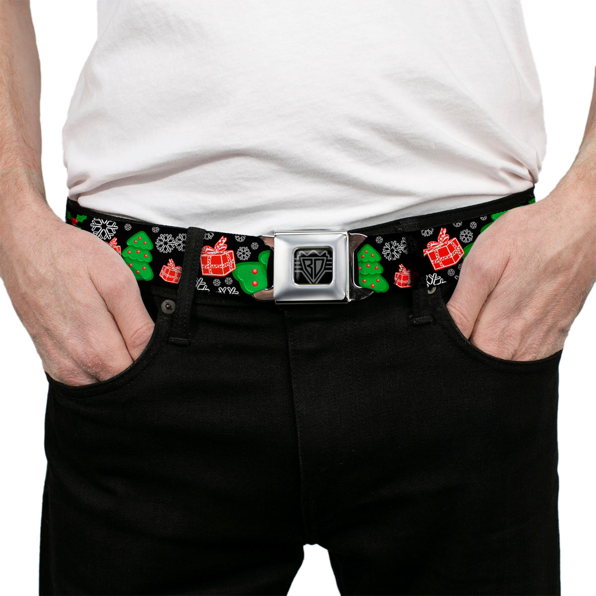 BD Wings Logo CLOSE-UP Full Color Black Silver Seatbelt Belt - Christmas Collage Black/White/Green/Red Webbing Seatbelt Belts Buckle-Down