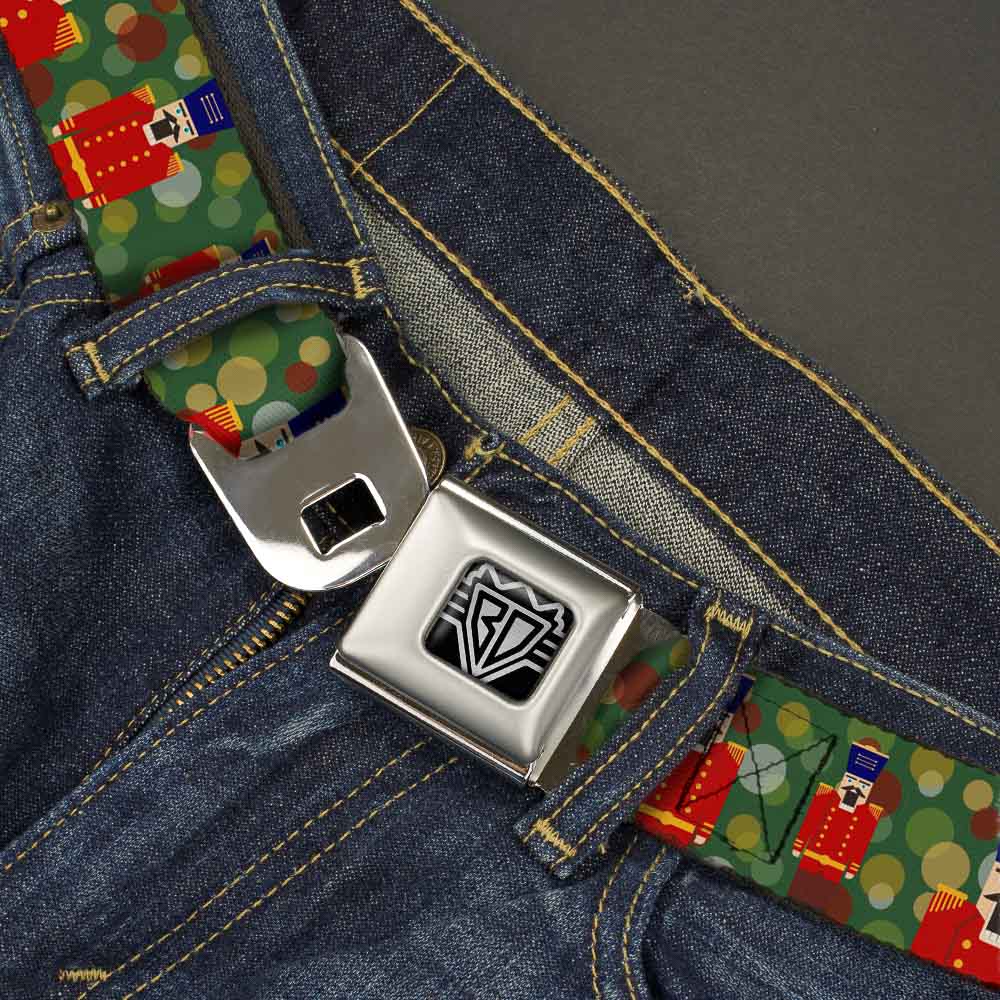 BD Wings Logo CLOSE-UP Full Color Black Silver Seatbelt Belt - Christmas Nutcracker/Polka Dots Greens/Gold/Red Webbing Seatbelt Belts Buckle-Down