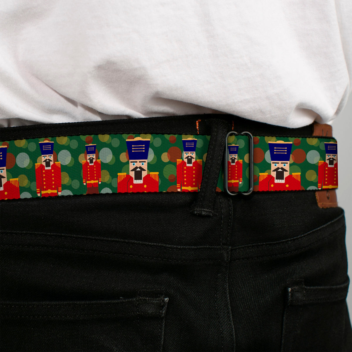 BD Wings Logo CLOSE-UP Full Color Black Silver Seatbelt Belt - Christmas Nutcracker/Polka Dots Greens/Gold/Red Webbing Seatbelt Belts Buckle-Down