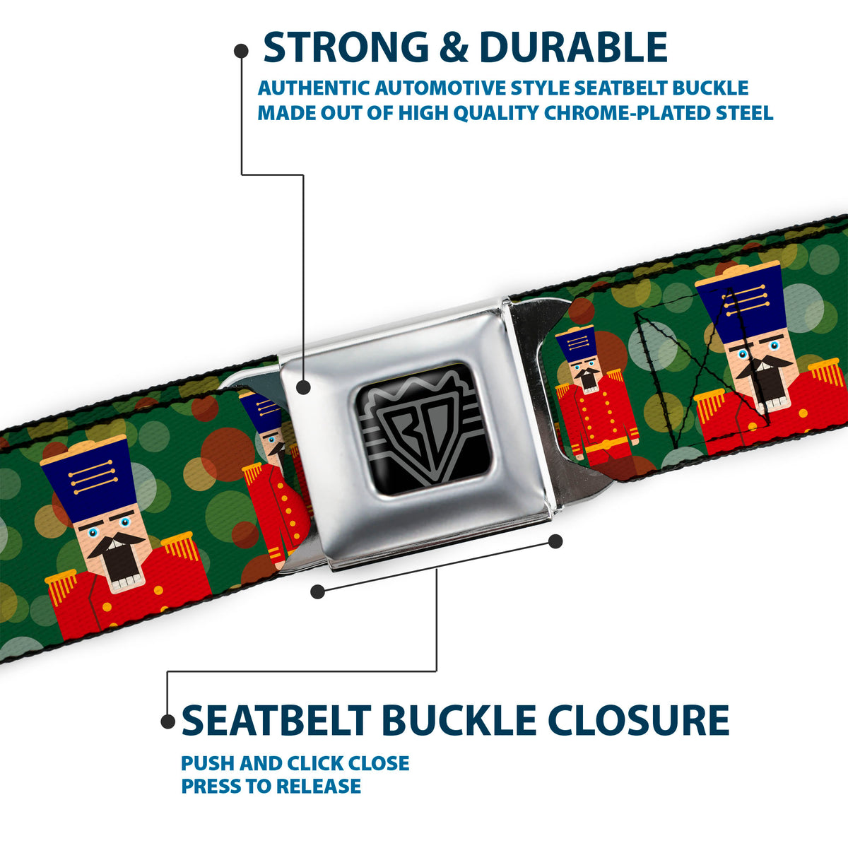 BD Wings Logo CLOSE-UP Full Color Black Silver Seatbelt Belt - Christmas Nutcracker/Polka Dots Greens/Gold/Red Webbing Seatbelt Belts Buckle-Down