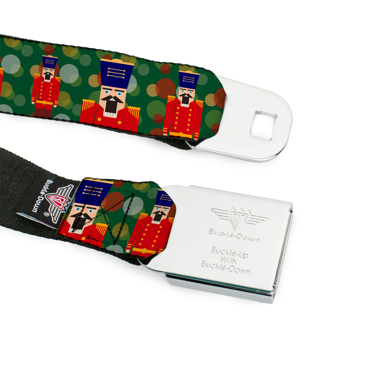 BD Wings Logo CLOSE-UP Full Color Black Silver Seatbelt Belt - Christmas Nutcracker/Polka Dots Greens/Gold/Red Webbing Seatbelt Belts Buckle-Down