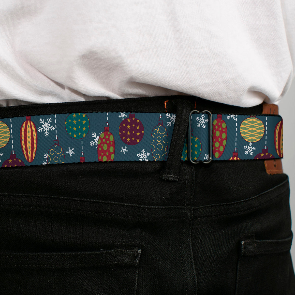 BD Wings Logo CLOSE-UP Full Color Black Silver Seatbelt Belt - Christmas Ornaments/Snowflakes Blue/White/Multi Color Webbing Seatbelt Belts Buckle-Down