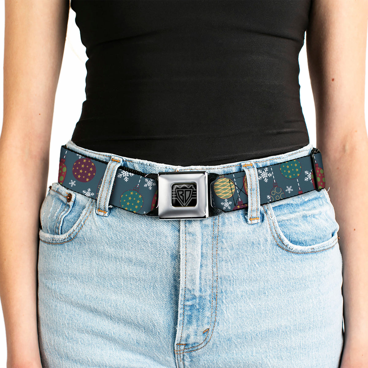BD Wings Logo CLOSE-UP Full Color Black Silver Seatbelt Belt - Christmas Ornaments/Snowflakes Blue/White/Multi Color Webbing Seatbelt Belts Buckle-Down
