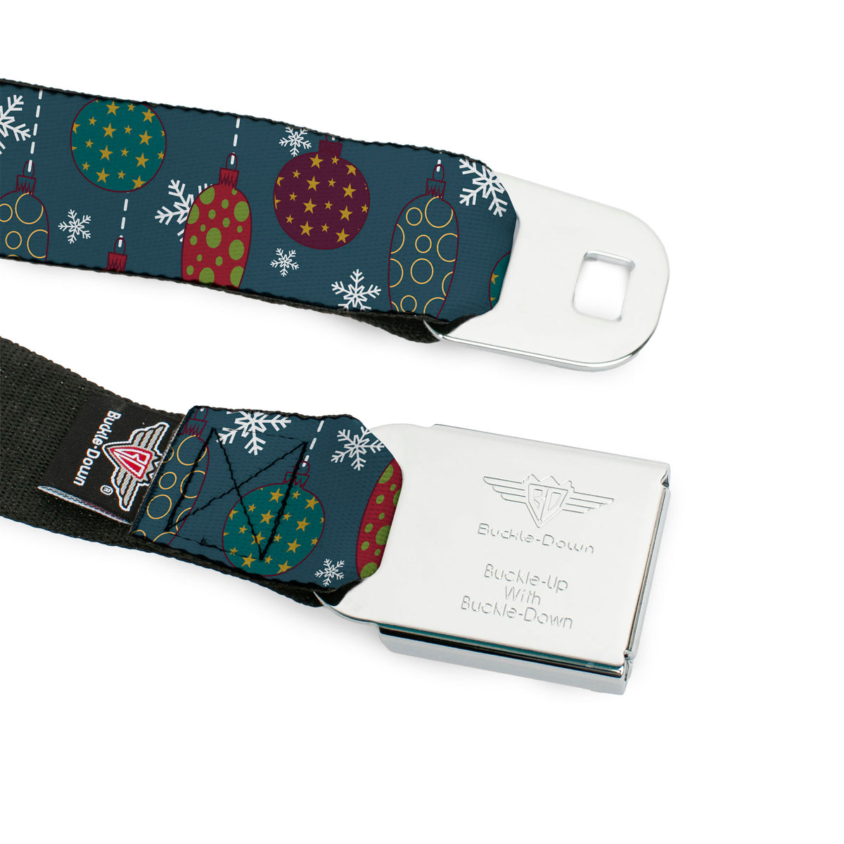 BD Wings Logo CLOSE-UP Full Color Black Silver Seatbelt Belt - Christmas Ornaments/Snowflakes Blue/White/Multi Color Webbing Seatbelt Belts Buckle-Down