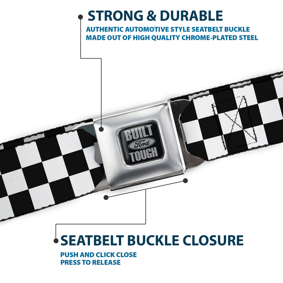 Built Ford Tough Seatbelt Belt - Checker Black/White Webbing Seatbelt Belts Ford