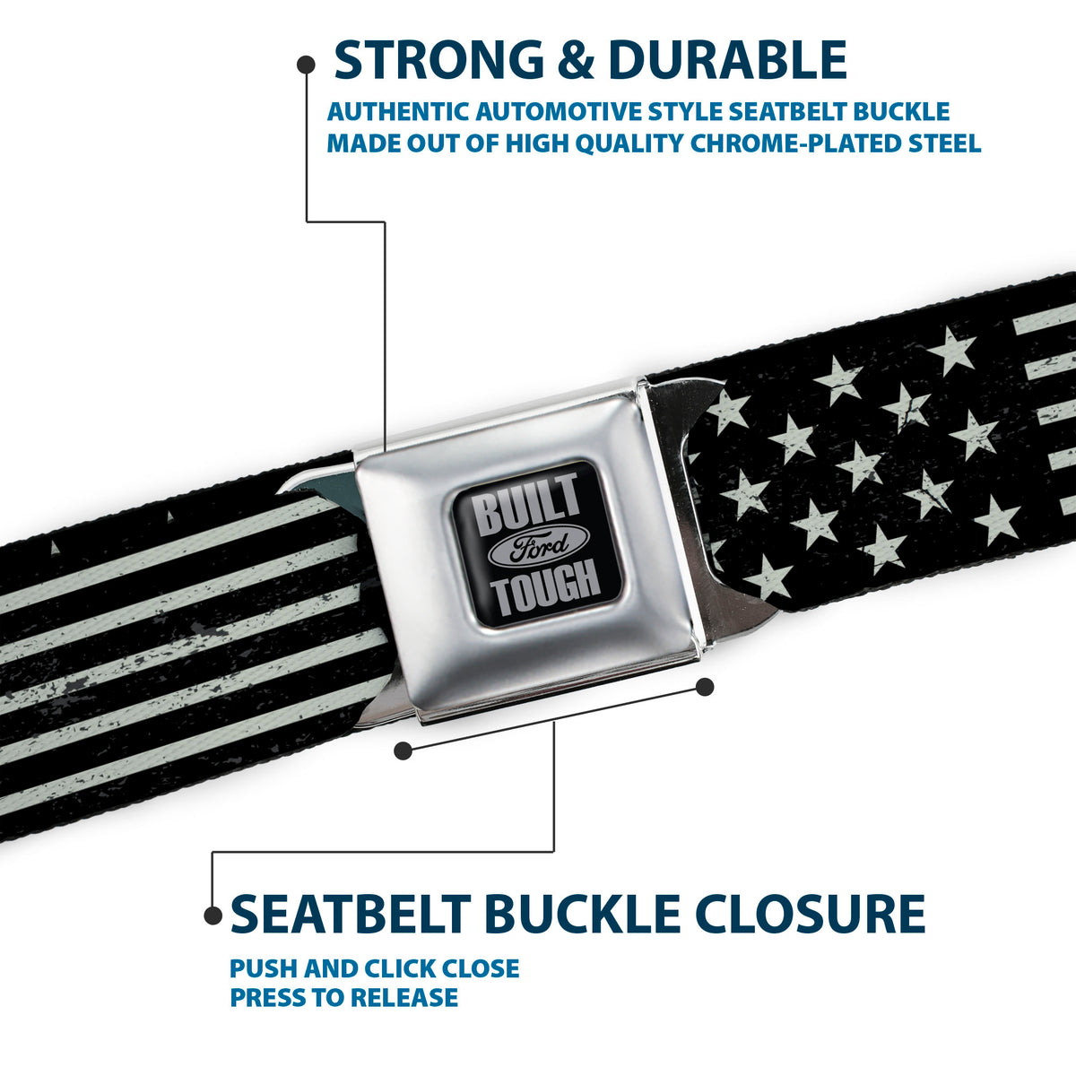 Built Ford Tough Seatbelt Belt - Americana Stars & Stripes2 Weathered Black/Gray Seatbelt Belts Ford