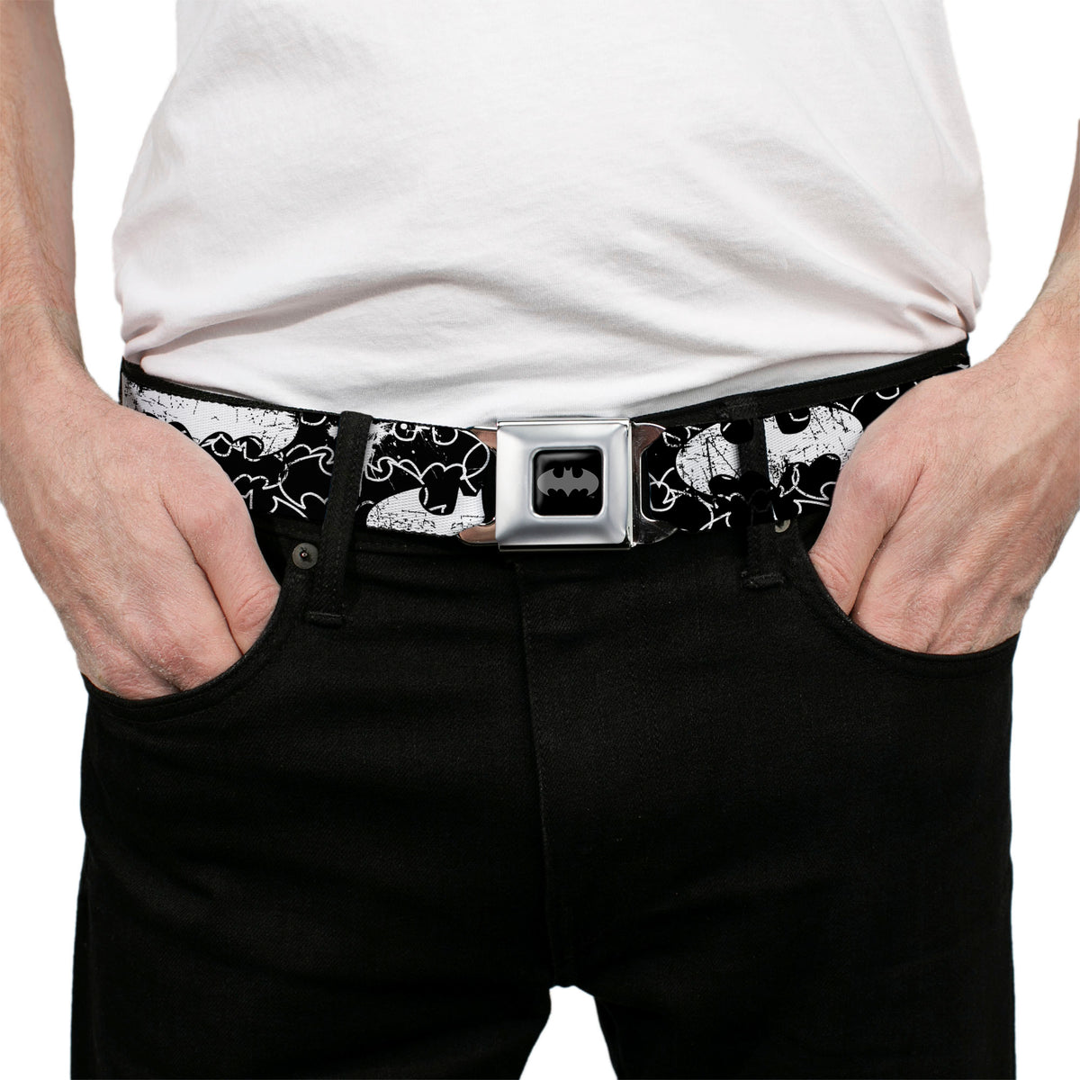 Batman Black Silver Seatbelt Belt - Batman Outlines Black/White Webbing Seatbelt Belts DC Comics