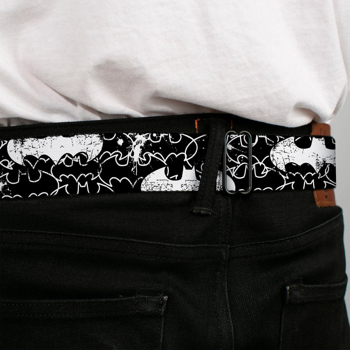 Batman Black Silver Seatbelt Belt - Batman Outlines Black/White Webbing Seatbelt Belts DC Comics