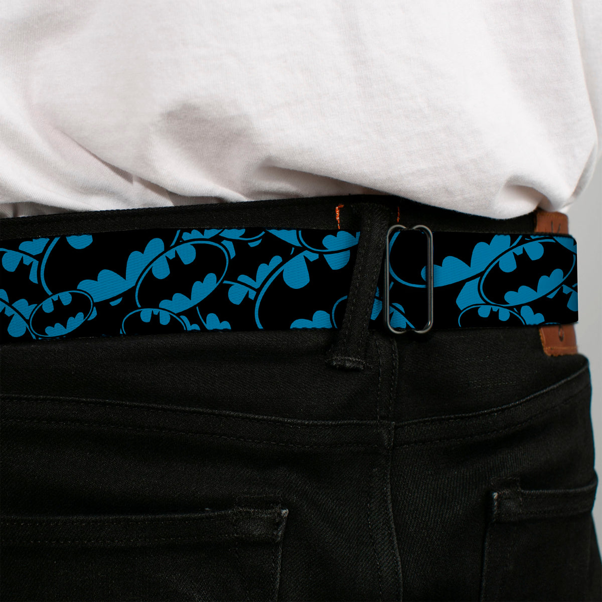 Batman Black Silver Seatbelt Belt - Bat Signals Stacked Blue/Black Webbing Seatbelt Belts DC Comics