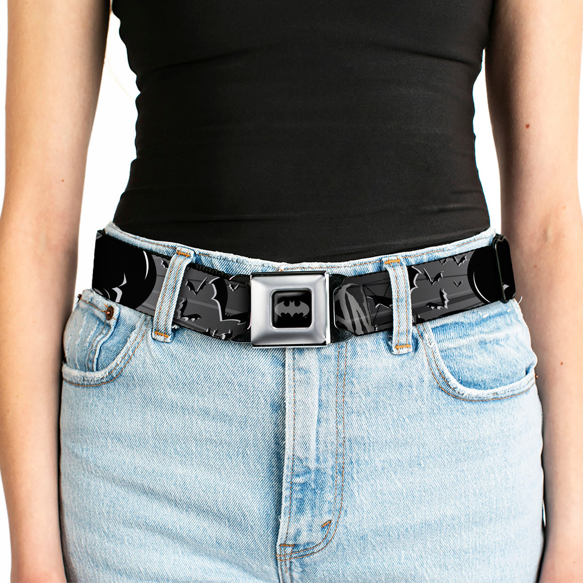 Batman Black Silver Seatbelt Belt - BATMAN w/Bat Signals & Flying Bats Black/White Webbing Seatbelt Belts DC Comics