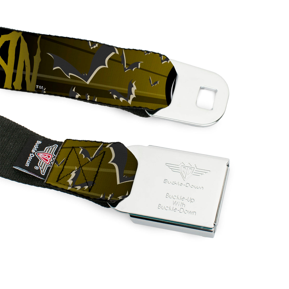 Batman Black Silver Seatbelt Belt - BATMAN w/Bat Signals & Flying Bats Yellow/Black/White Webbing Seatbelt Belts DC Comics