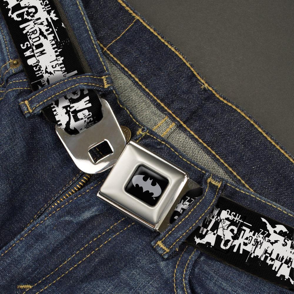 Batman Black Silver Seatbelt Belt - Batman Action Verbiage Black/White Webbing Seatbelt Belts DC Comics