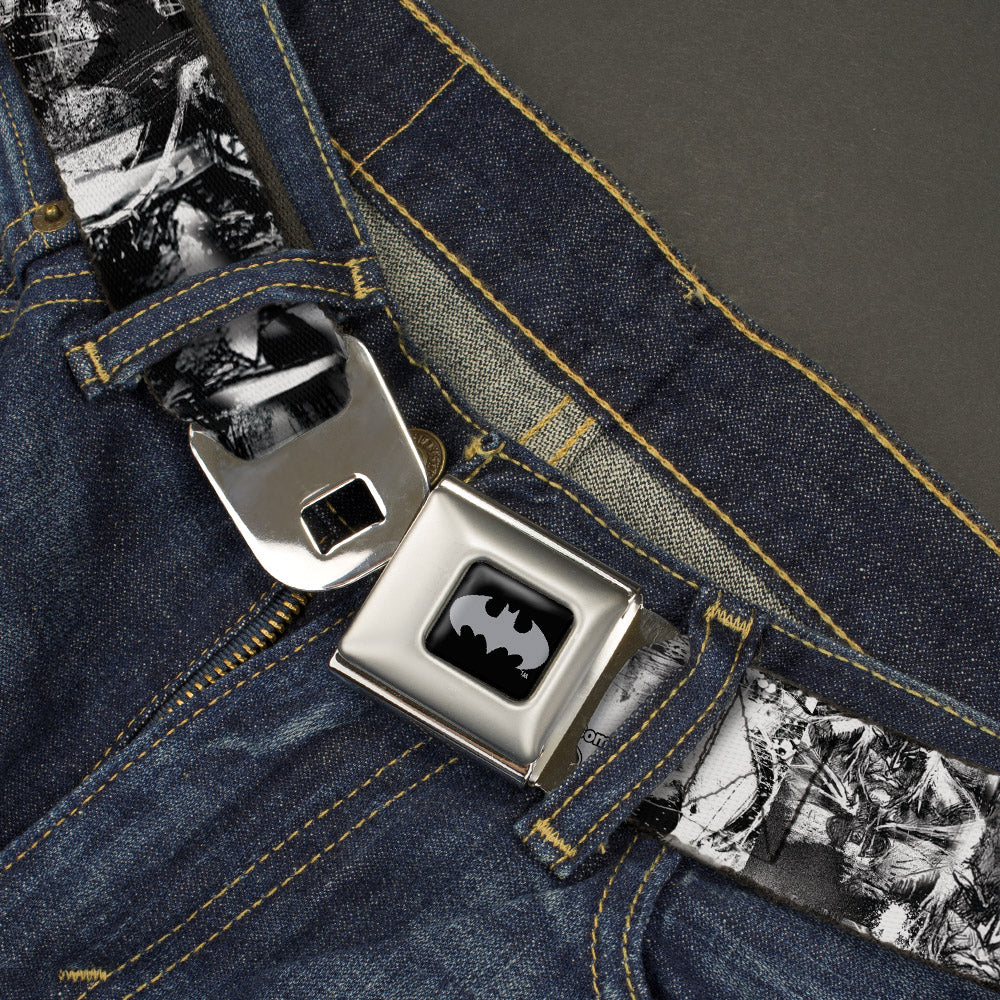 Batman Black Silver Seatbelt Belt - Batman Poses & Bat Shield Sketch White/Black Webbing Seatbelt Belts DC Comics