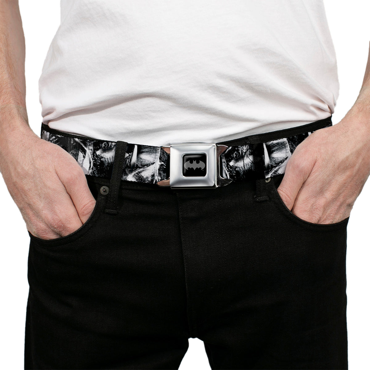 Batman Black Silver Seatbelt Belt - Batman Poses & Bat Shield Sketch White/Black Webbing Seatbelt Belts DC Comics
