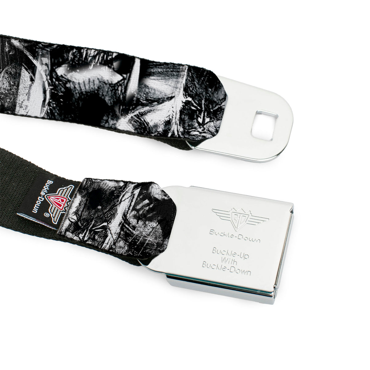Batman Black Silver Seatbelt Belt - Batman Poses & Bat Shield Sketch White/Black Webbing Seatbelt Belts DC Comics