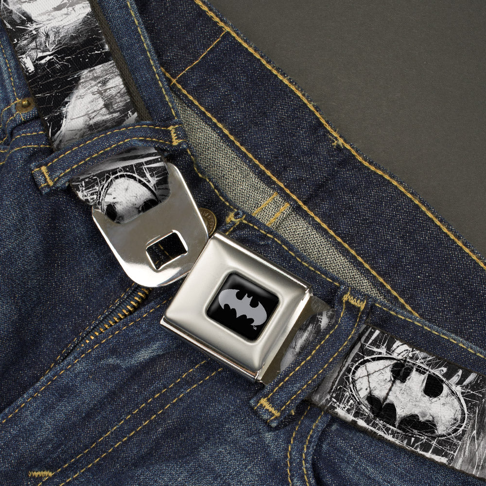 Batman Black Silver Seatbelt Belt - Batman Face/Bat Shield Sketch White/Black Webbing Seatbelt Belts DC Comics