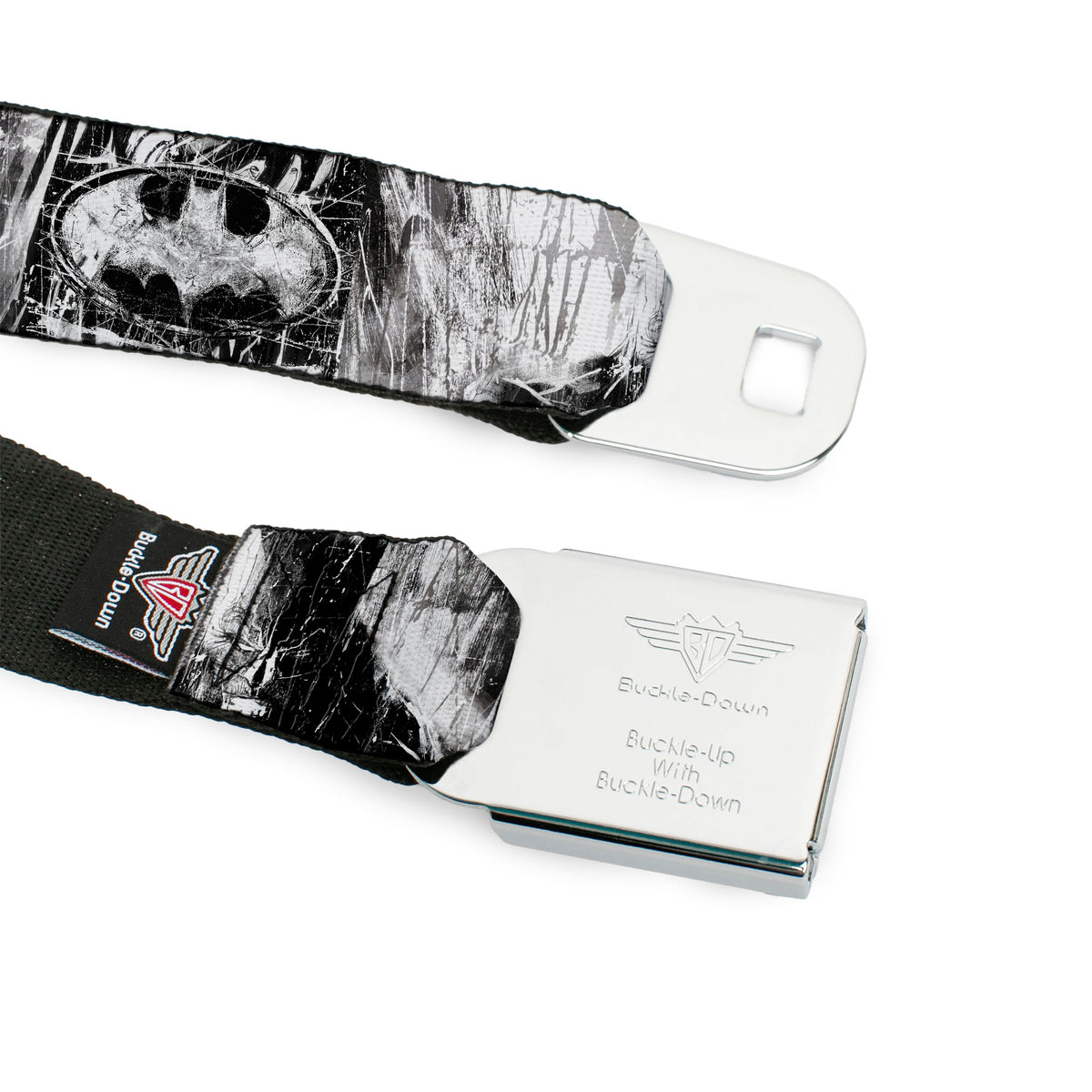 Batman Black Silver Seatbelt Belt - Batman Face/Bat Shield Sketch White/Black Webbing Seatbelt Belts DC Comics