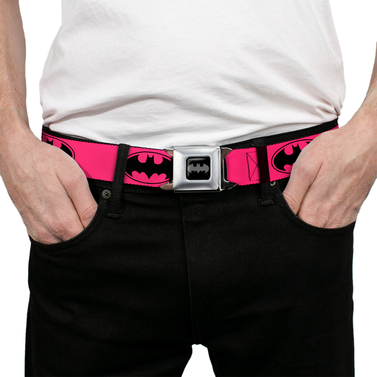 Batman Black Silver Seatbelt Belt - Bat Signal-3 Fuchsia/Black/Fuchsia Webbing Seatbelt Belts DC Comics