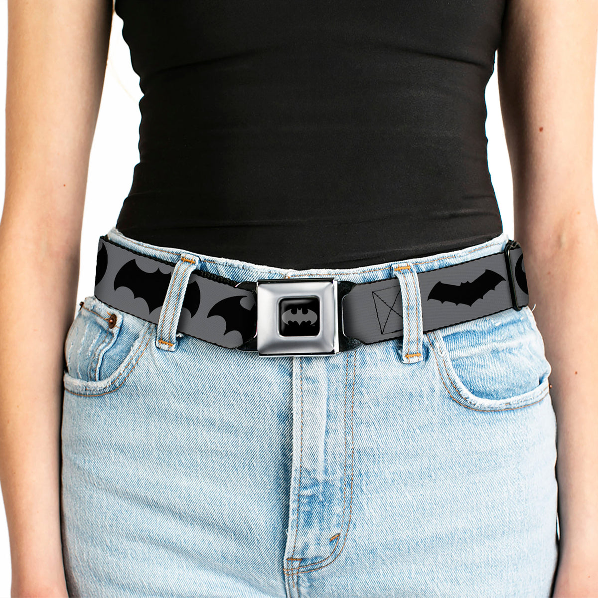 Batman Black Silver Seatbelt Belt - Bat Logo Transitions Gray/Black Webbing Seatbelt Belts DC Comics