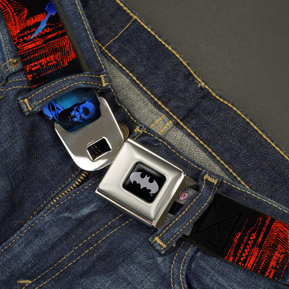 Batman Black Silver Seatbelt Belt - Batman 2-Poses-Buildings Black/Reds/Blues Webbing Seatbelt Belts DC Comics